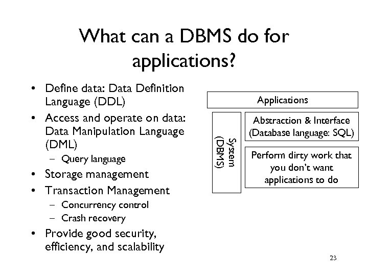 What can a DBMS do for applications? – Query language • Storage management •