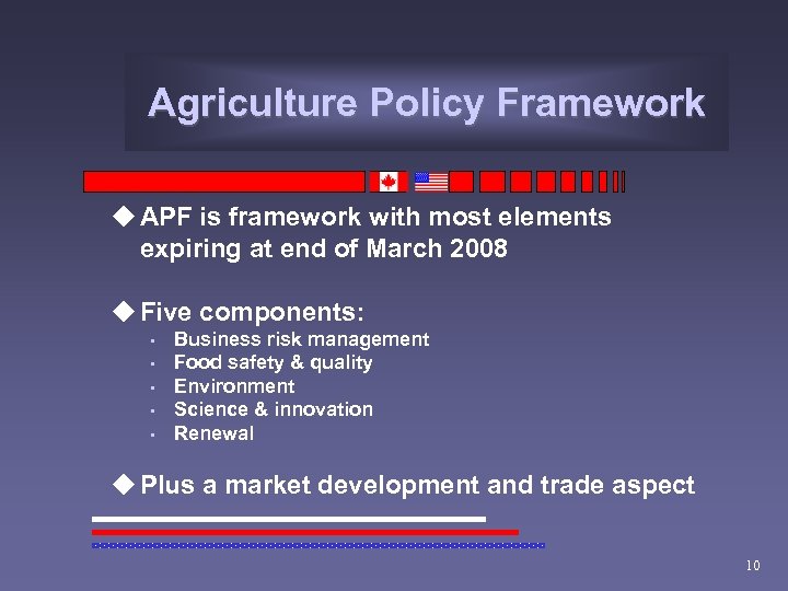 Agriculture Policy Framework u APF is framework with most elements expiring at end of