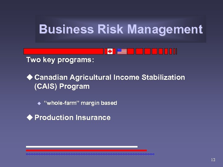 Business Risk Management Two key programs: u Canadian Agricultural Income Stabilization (CAIS) Program u