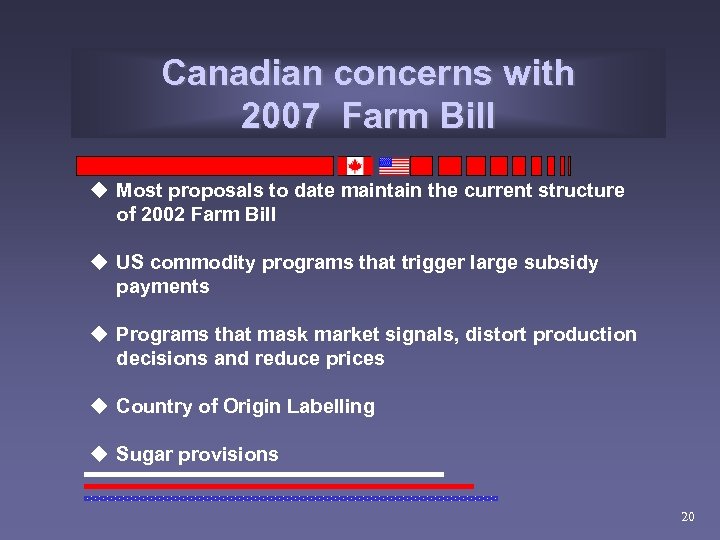 Canadian concerns with 2007 Farm Bill u Most proposals to date maintain the current