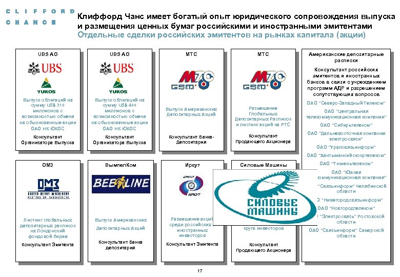 Клиффорд Чанс имеет богатый опыт юридического сопровождения выпуска и размещения ценных бумаг российскими и