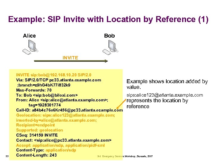 Example: SIP Invite with Location by Reference (1) Alice Bob INVITE 33 INVITE sip: