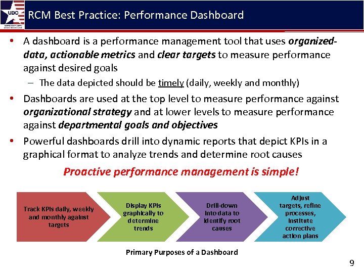 RCM Best Practice: Performance Dashboard • A dashboard is a performance management tool that