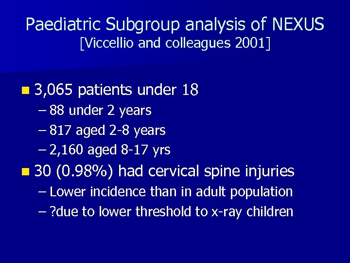 Paediatric Subgroup analysis of NEXUS [Viccellio and colleagues 2001] n 3, 065 patients under