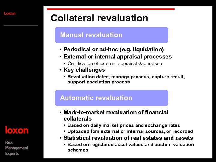 Loxon Collateral revaluation Manual revaluation • Periodical or ad-hoc (e. g. liquidation) • External