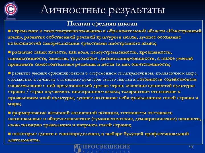 Личностные результаты Полная средняя школа n стремление к самосовершенствованию в образовательной области «Иностранный язык»