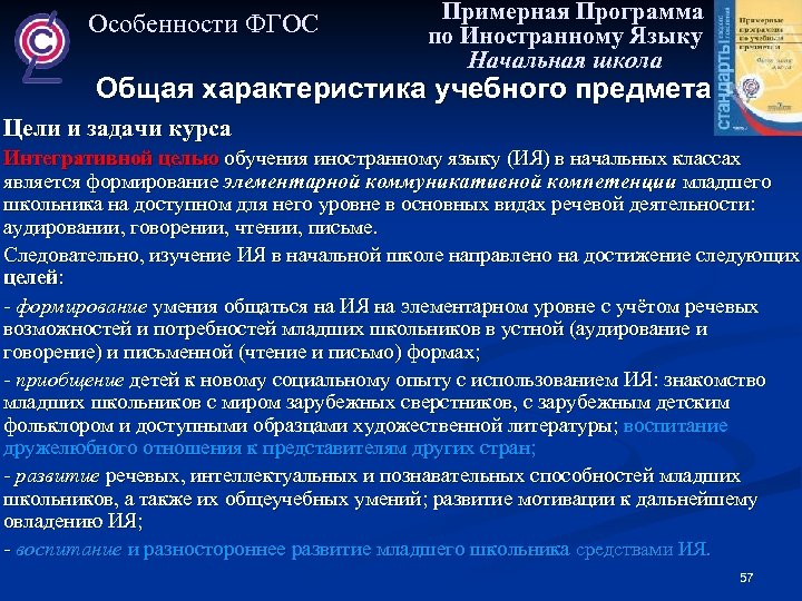Особенности ФГОС Примерная Программа по Иностранному Языку Начальная школа Общая характеристика учебного предмета Цели