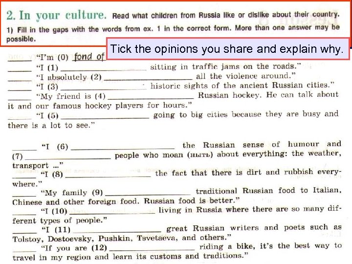 Стадии: Сопоставление why. Tick the opinions you share and explain ценности с системой своих