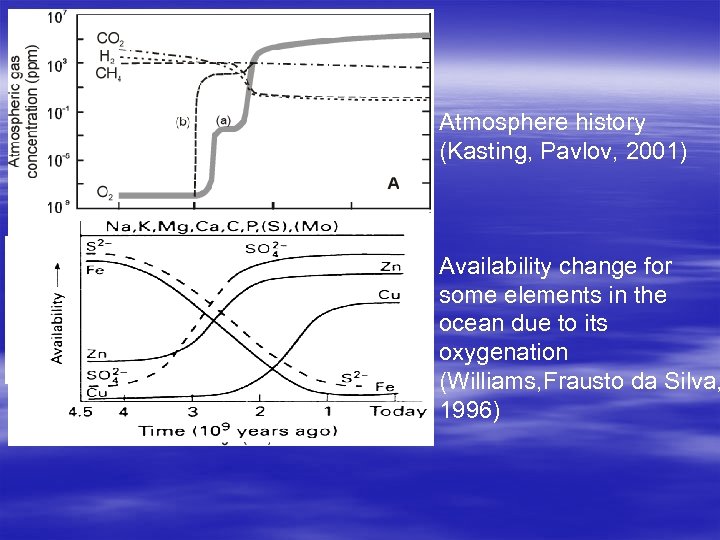 Atmosphere history (Kasting, Pavlov, 2001) Availability change for some elements in the ocean due