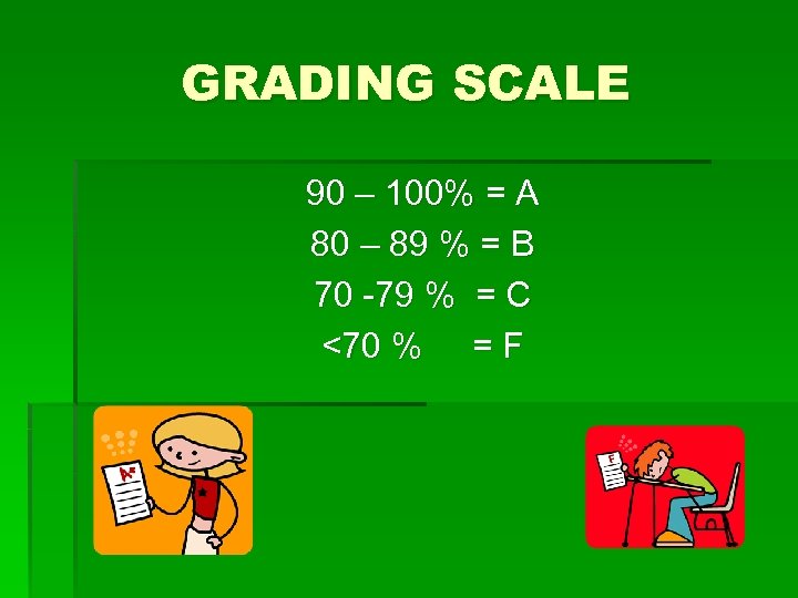 GRADING SCALE 90 – 100% = A 80 – 89 % = B 70