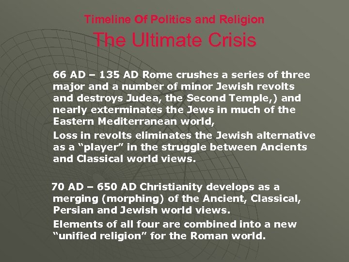 Timeline Of Politics and Religion The Ultimate Crisis 66 AD – 135 AD Rome