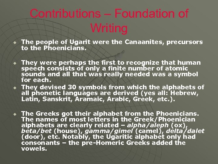 Contributions – Foundation of Writing u u The people of Ugarit were the Canaanites,