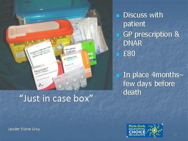 n n “Just in case box” Discuss with patient GP prescription & DNAR £