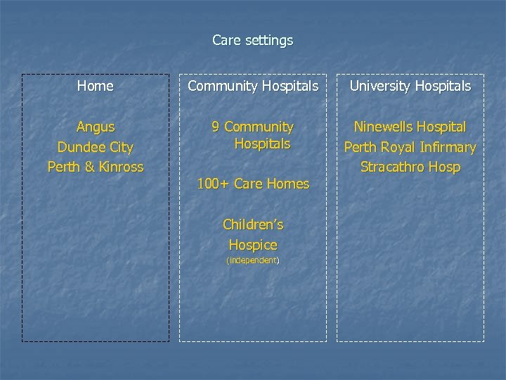 Care settings Home Community Hospitals University Hospitals Angus Dundee City Perth & Kinross 9