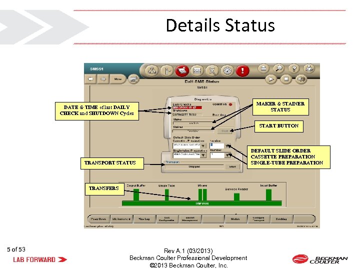 Details Status DATE & TIME of last DAILY CHECK and SHUTDOWN Cycles MAKER &
