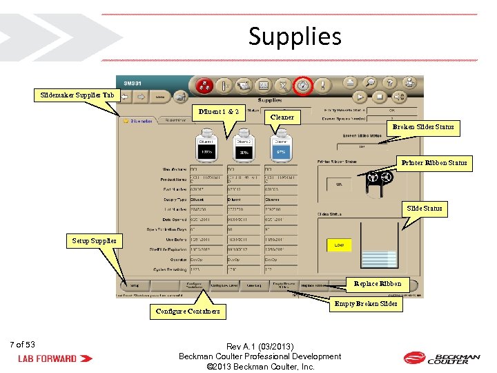 Supplies Slidemaker Supplies Tab Diluent 1 & 2 Cleaner Broken Slides Status Printer Ribbon