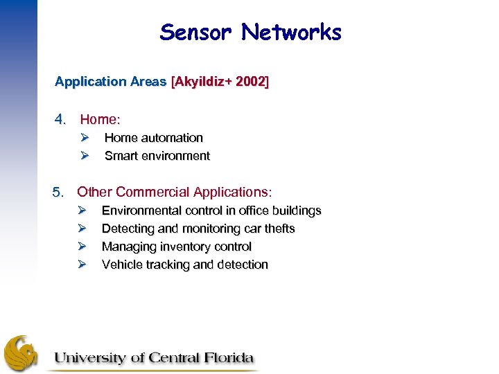 Sensor Networks Application Areas [Akyildiz+ 2002] 4. Home: Ø Ø Home automation Smart environment