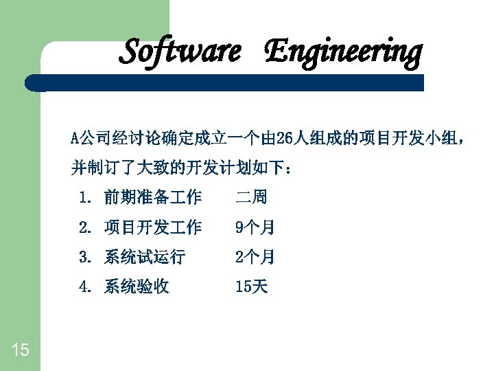 Software Engineering A公司经讨论确定成立一个由 26人组成的项目开发小组， 并制订了大致的开发计划如下： 1. 前期准备 作 2. 项目开发 作 9个月 3. 系统试运行