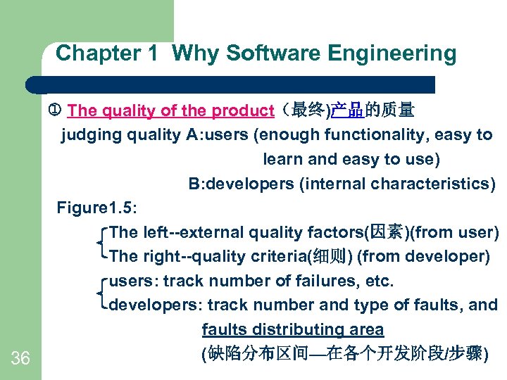 Chapter 1 Why Software Engineering The quality of the product（最终)产品的质量 judging quality A: users