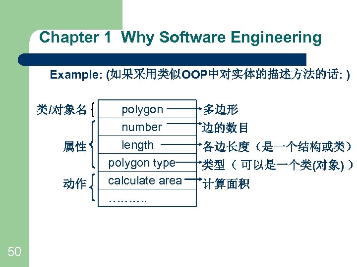 Chapter 1 Why Software Engineering Example: (如果采用类似OOP中对实体的描述方法的话: ) 类/对象名 属性 动作 50 polygon number