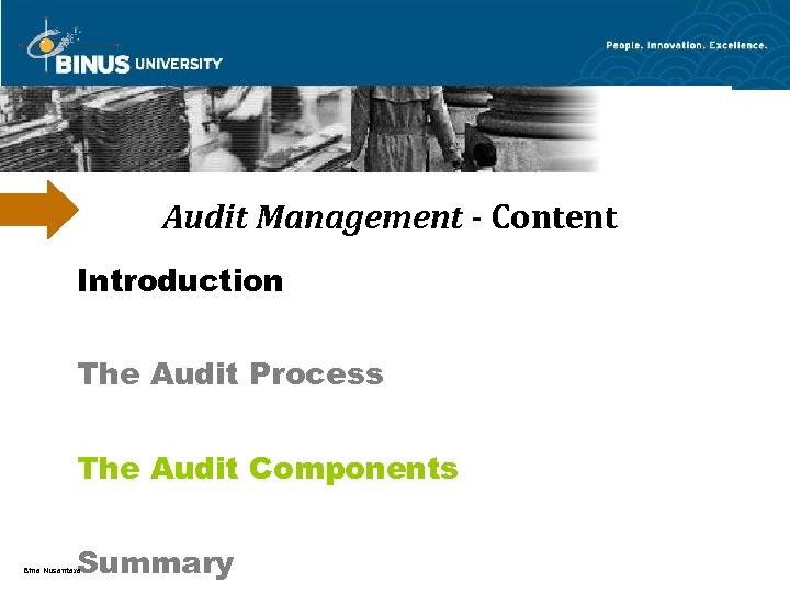 Audit Management - Content Introduction The Audit Process The Audit Components Summary Bina Nusantara