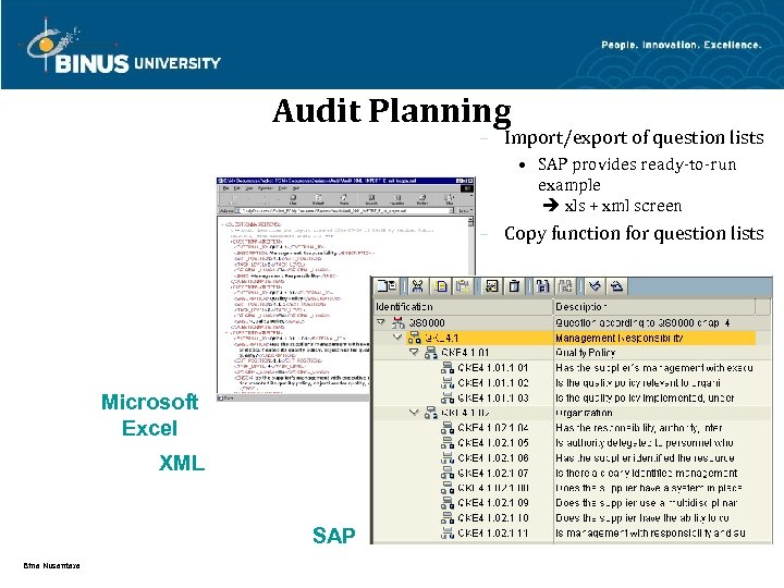 Audit Planning – Import/export of question lists • SAP provides ready-to-run example xls +