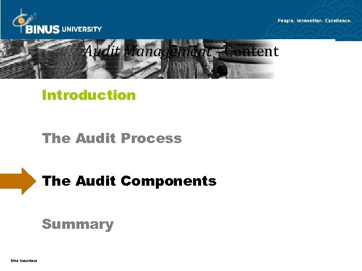 Audit Management - Content Introduction The Audit Process The Audit Components Summary Bina Nusantara