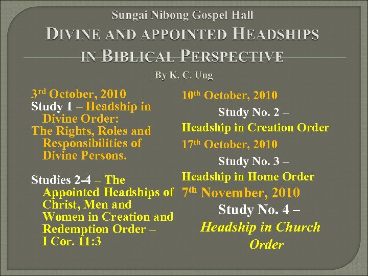 3 rd October, 2010 Study 1 – Headship in Divine Order: The Rights, Roles