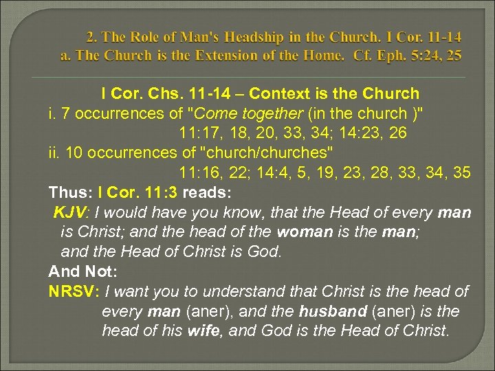 I Cor. Chs. 11 -14 – Context is the Church i. 7 occurrences of