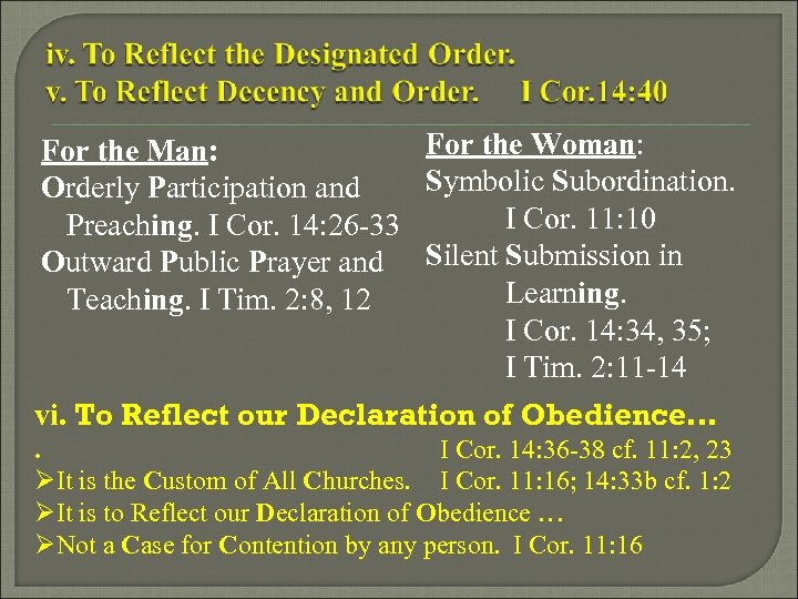 For the Woman: For the Man: Symbolic Subordination. Orderly Participation and I Cor. 11: