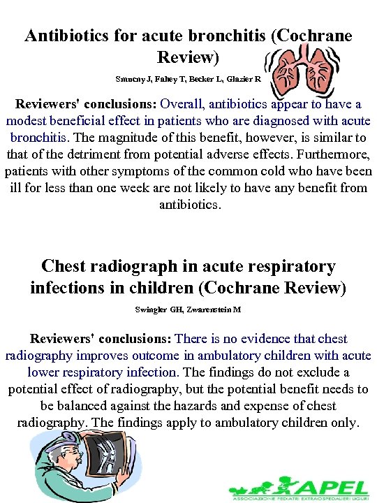 Antibiotics for acute bronchitis (Cochrane Review) Smucny J, Fahey T, Becker L, Glazier R