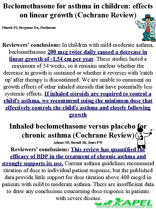 Beclomethasone for asthma in children: effects on linear growth (Cochrane Review) Sharek PJ, Bergman