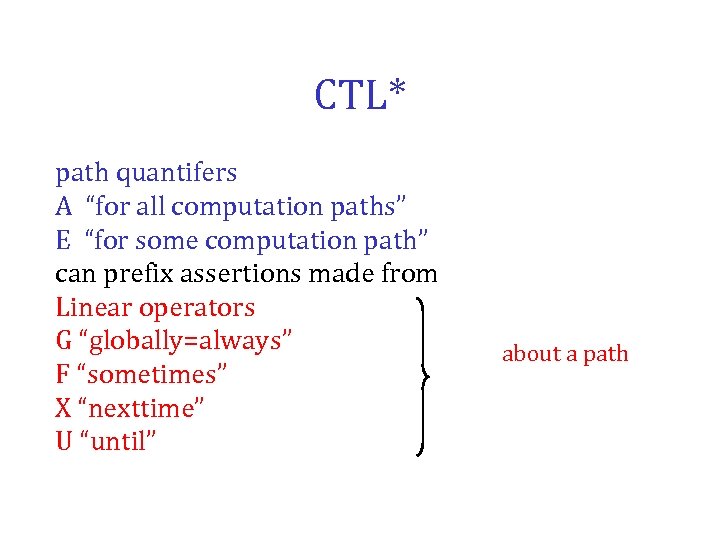 CTL* path quantifers A “for all computation paths” E “for some computation path” can