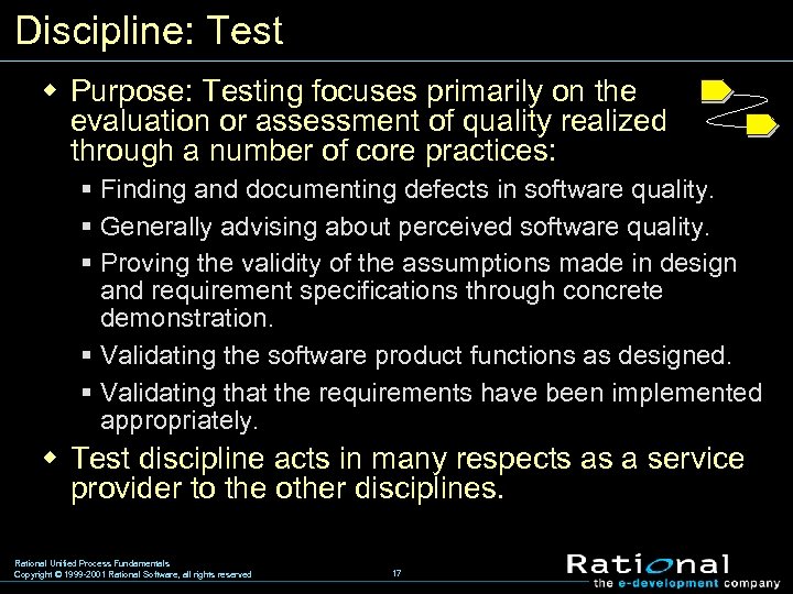 Discipline: Test w Purpose: Testing focuses primarily on the evaluation or assessment of quality