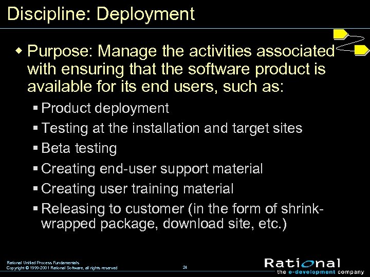 Discipline: Deployment w Purpose: Manage the activities associated with ensuring that the software product