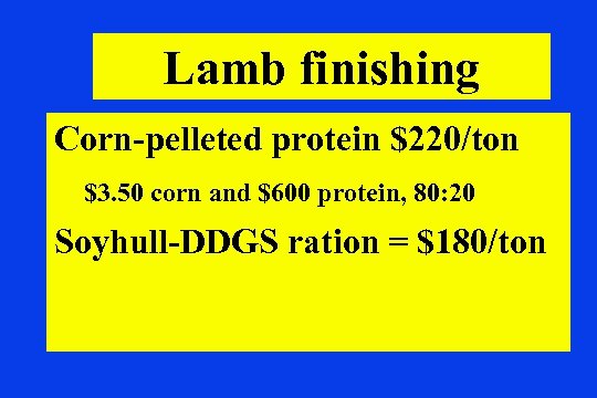 Lamb finishing Corn-pelleted protein $220/ton $3. 50 corn and $600 protein, 80: 20 Soyhull-DDGS