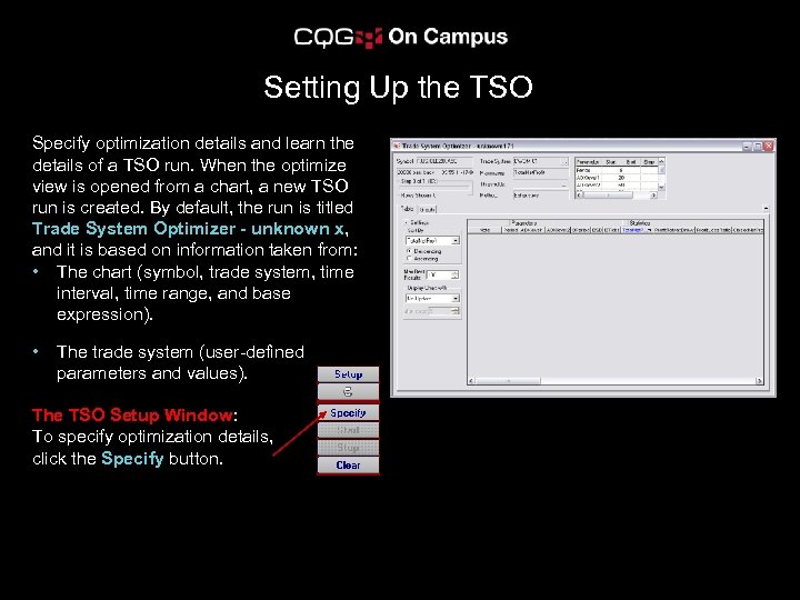 Setting Up the TSO Specify optimization details and learn the details of a TSO