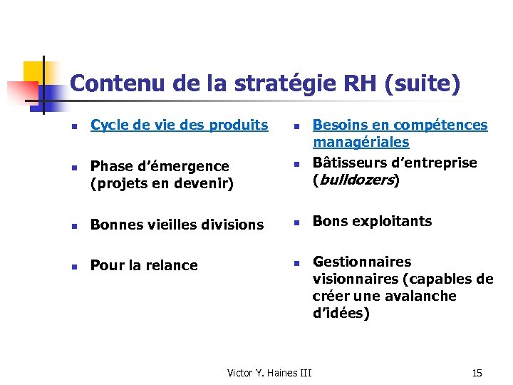 Contenu de la stratégie RH (suite) n Cycle de vie des produits n Phase
