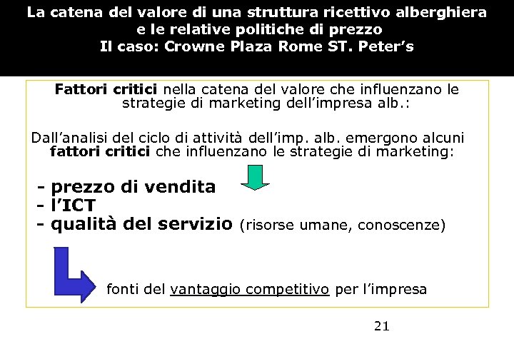 La catena del valore di una struttura ricettivo alberghiera e le relative politiche di