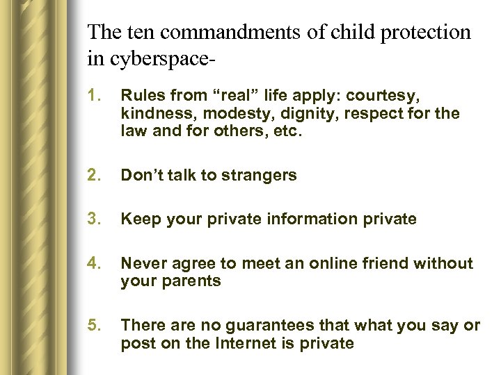 The ten commandments of child protection in cyberspace 1. Rules from “real” life apply: