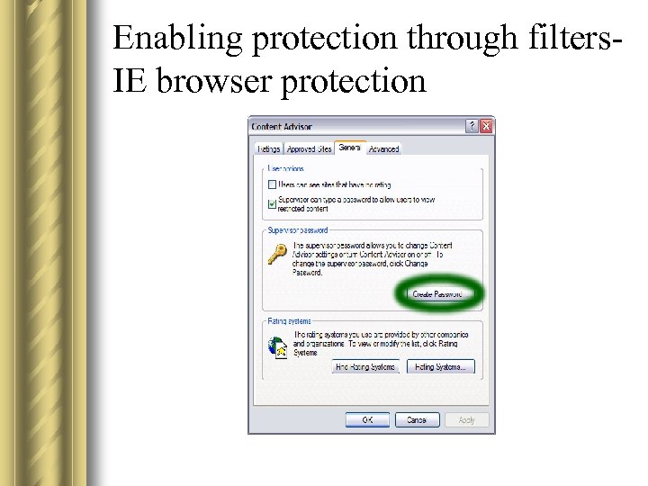 Enabling protection through filters. IE browser protection 