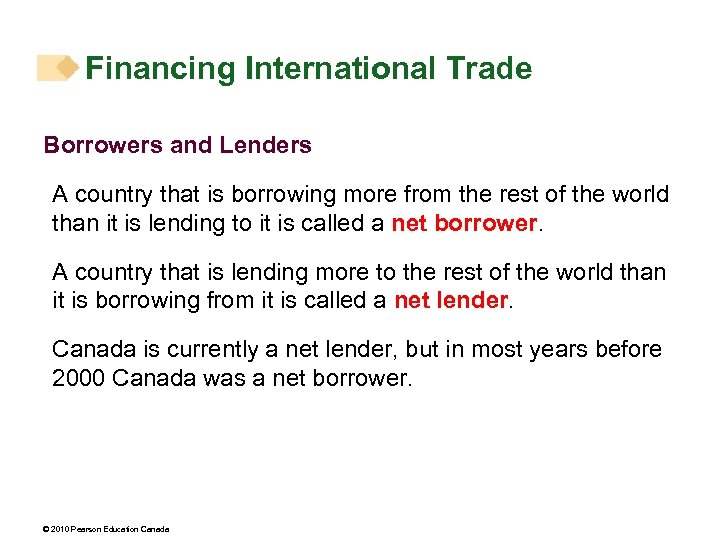 Financing International Trade Borrowers and Lenders A country that is borrowing more from the