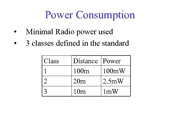 Power Consumption • • Minimal Radio power used 3 classes defined in the standard
