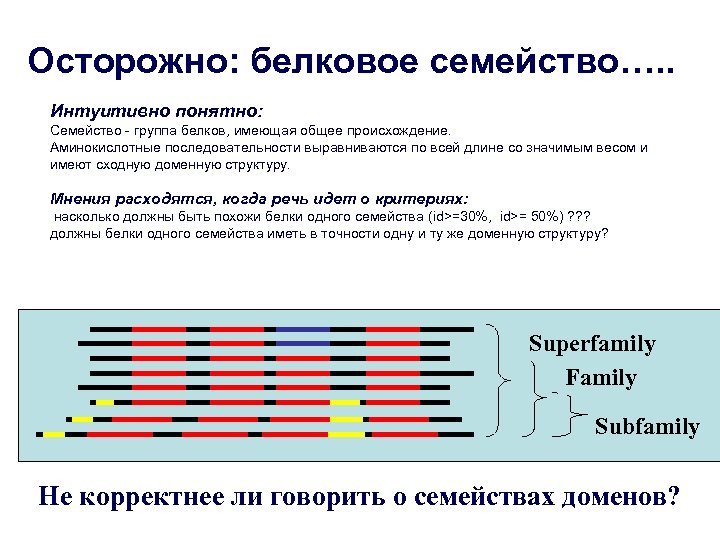 Осторожно: белковое семейство…. . Интуитивно понятно: Семейство - группа белков, имеющая общее происхождение. Аминокислотные