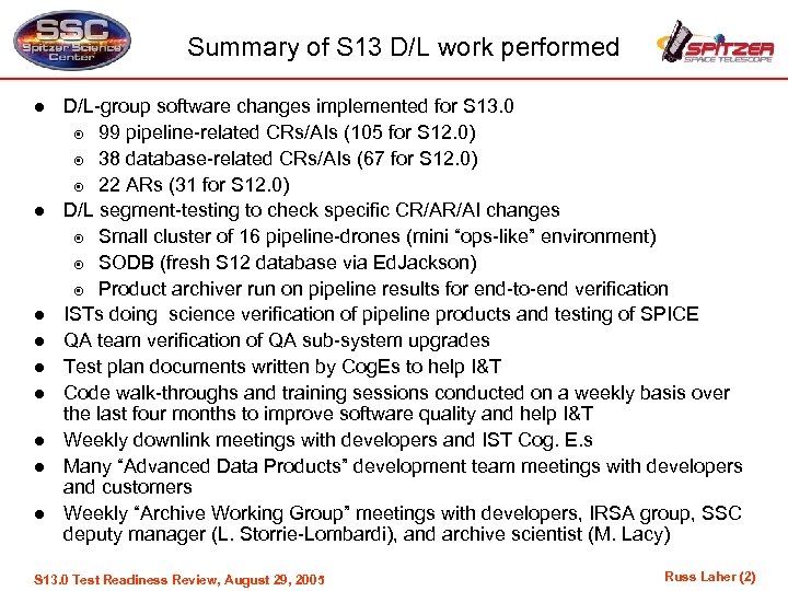 Summary of S 13 D/L work performed l l l l l D/L-group software