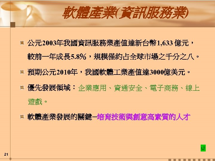 軟體產業(資訊服務業) 公元2003年我國資訊服務業產值達新台幣 1, 633 億元， 較前一年成長 5. 8％，規模僅約占全球市場之千分之八。 預期公元2010年，我國軟體 業產值達 3000億美元。 優先發展領域：企業應用、資通安全、電子商務、線上 遊戲。 軟體產業發展的關鍵─培育技術與創意高素質的人才