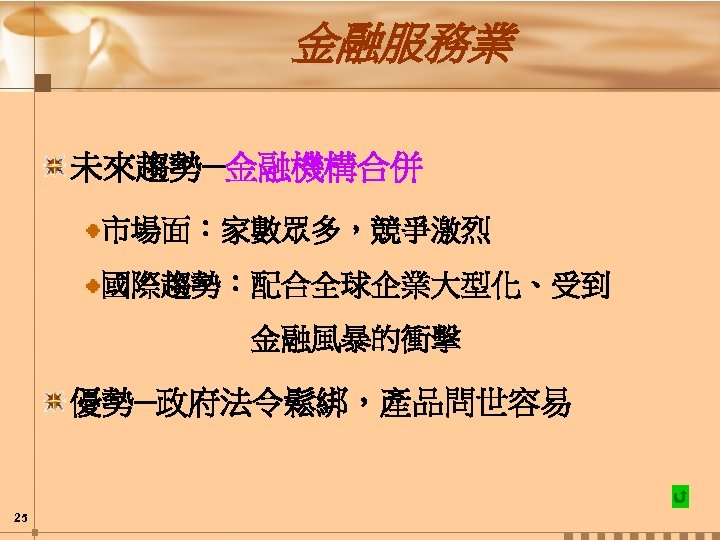 金融服務業 未來趨勢─金融機構合併 市場面：家數眾多，競爭激烈 國際趨勢：配合全球企業大型化、受到 金融風暴的衝擊 優勢─政府法令鬆綁，產品問世容易 25 