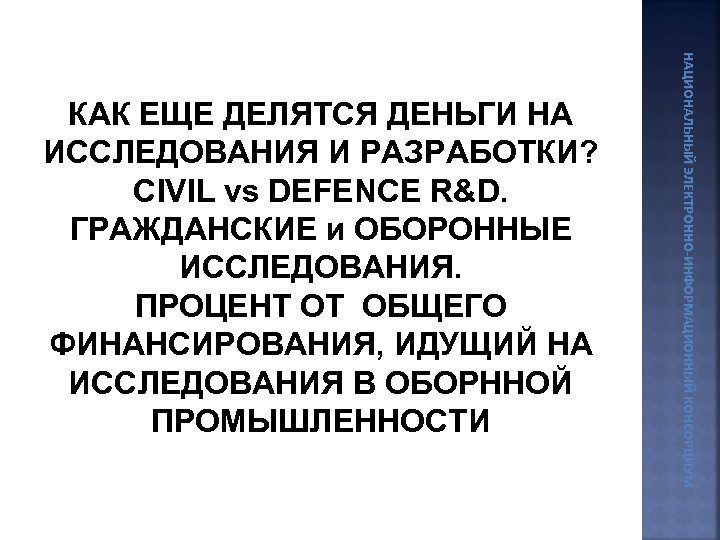 НАЦИОНАЛЬНЫЙ ЭЛЕКТРОННО-ИНФОРМАЦИОННЫЙ КОНСОРЦИУМ КАК ЕЩЕ ДЕЛЯТСЯ ДЕНЬГИ НА ИССЛЕДОВАНИЯ И РАЗРАБОТКИ? CIVIL vs DEFENCE