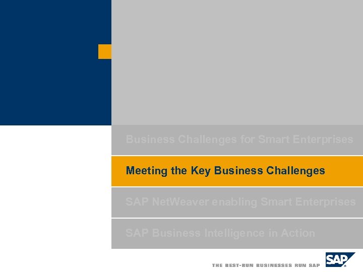 Business Challenges for Smart Enterprises Meeting the Key Business Challenges SAP Net. Weaver enabling