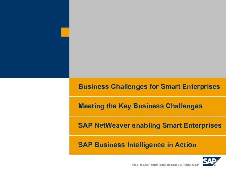 Business Challenges for Smart Enterprises Meeting the Key Business Challenges SAP Net. Weaver enabling